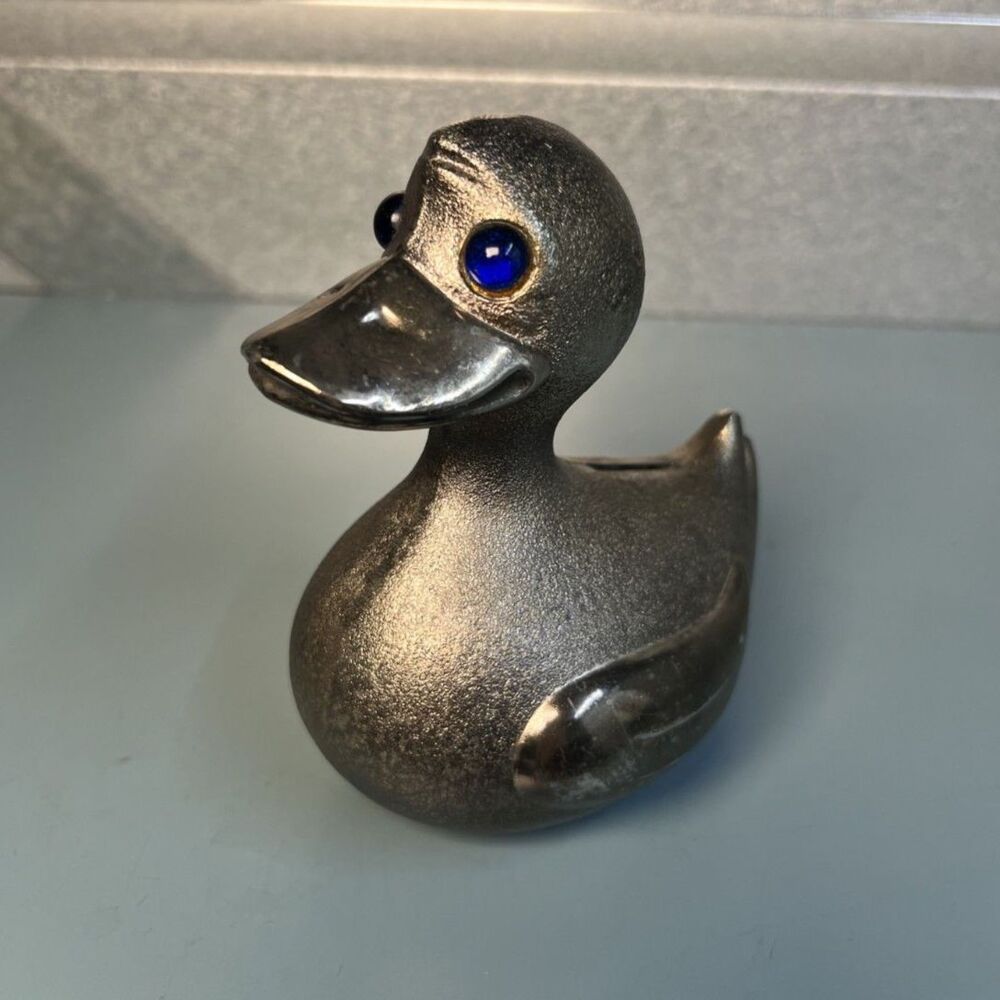 Vintage Silver Plate Duck Piggy Bank Blue Jewel Eyes